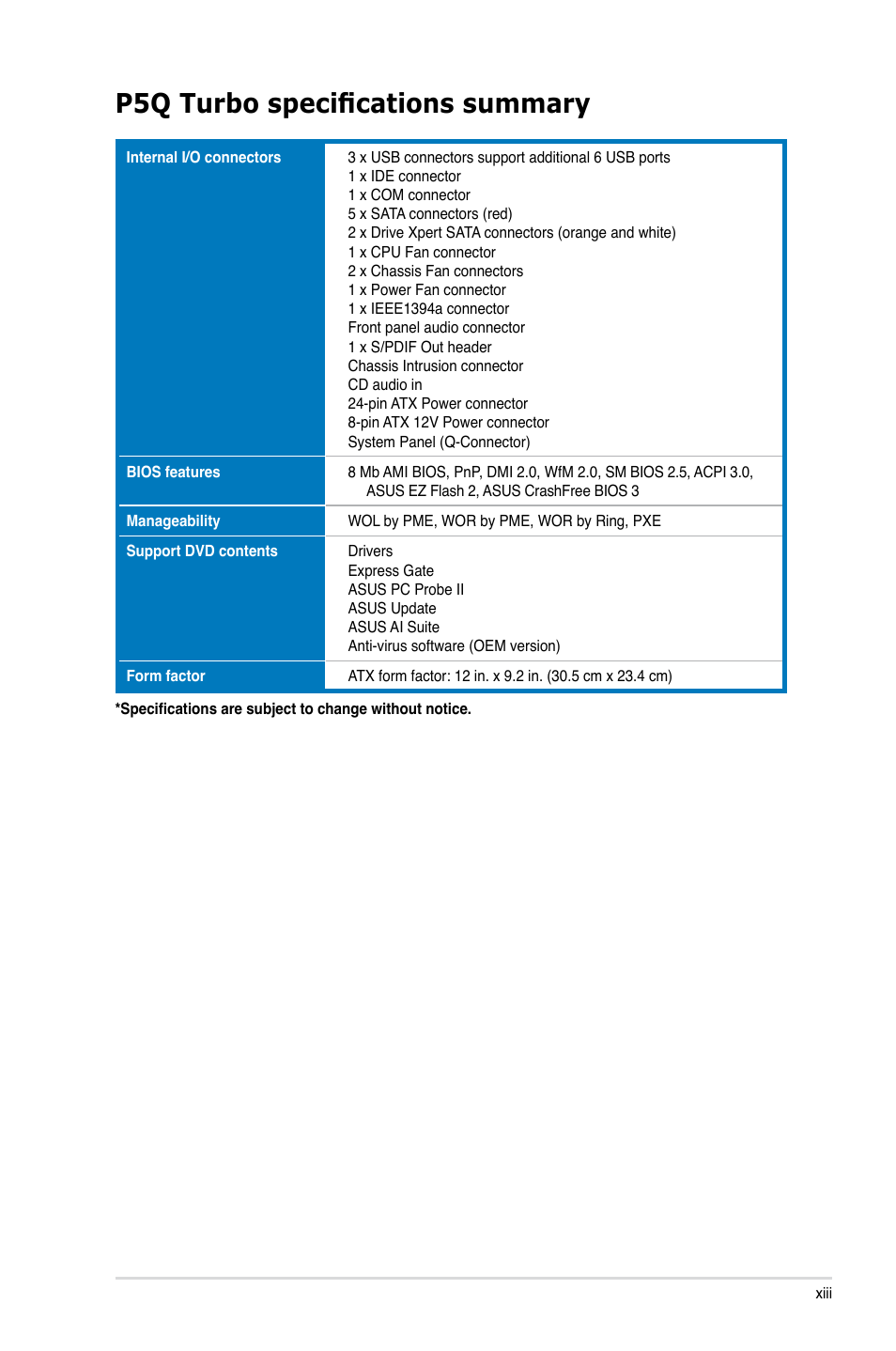 P5q turbo specifications summary | Asus P5Q TURBO User Manual | Page 13 / 114