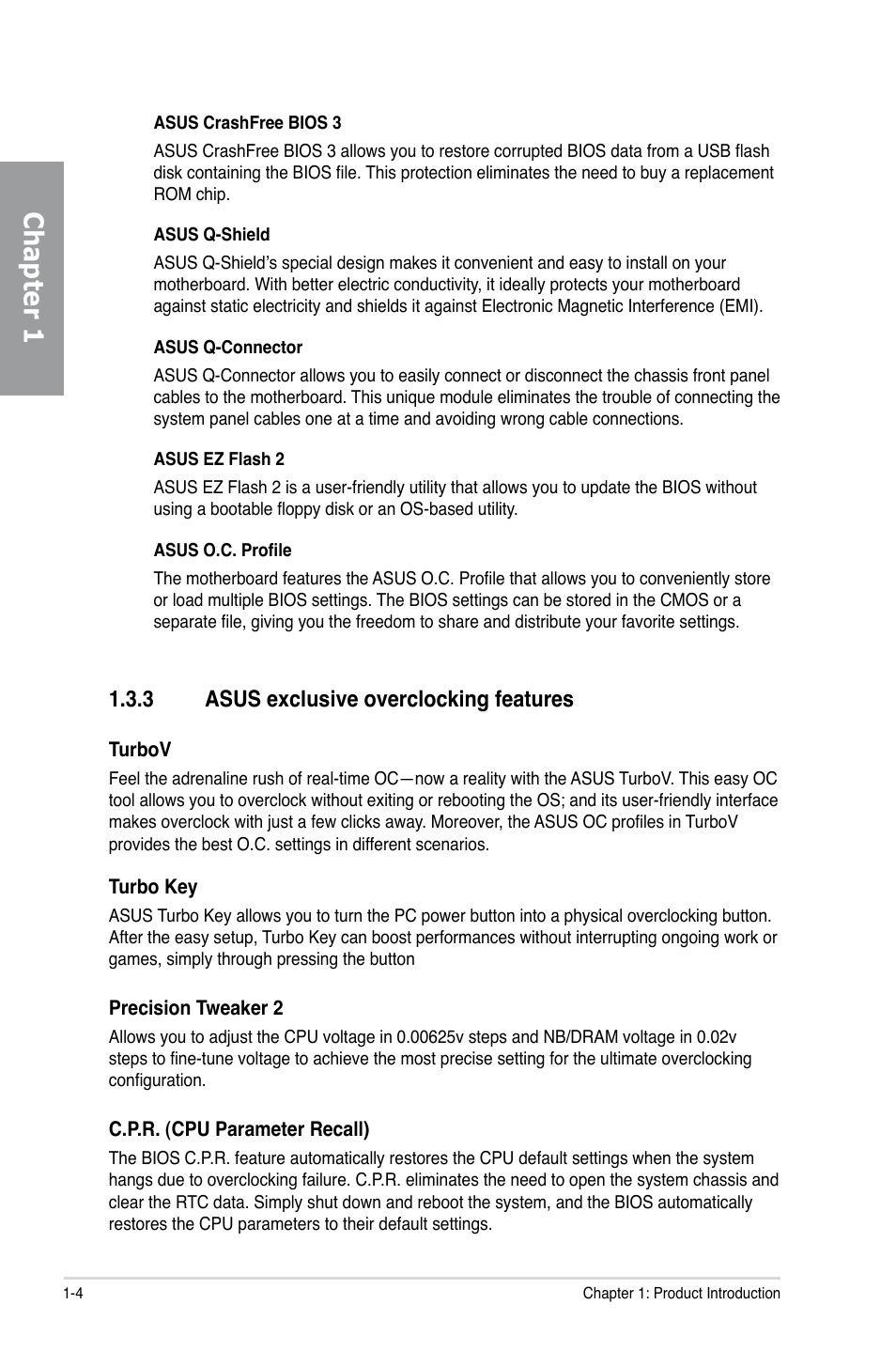 3 asus exclusive overclocking features, Asus exclusive overclocking features -4, Chapter 1 | Asus P5Q TURBO User Manual | Page 18 / 114