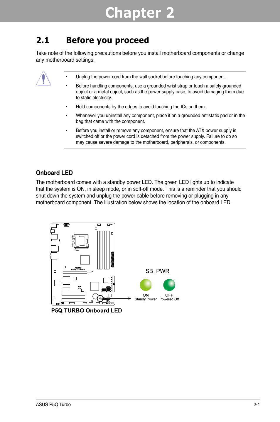 Chapter 2: hardware information, 1 before you proceed, Chapter 2 | Hardware information, Before you proceed -1, Chapter 2 2.1 before you proceed | Asus P5Q TURBO User Manual | Page 19 / 114