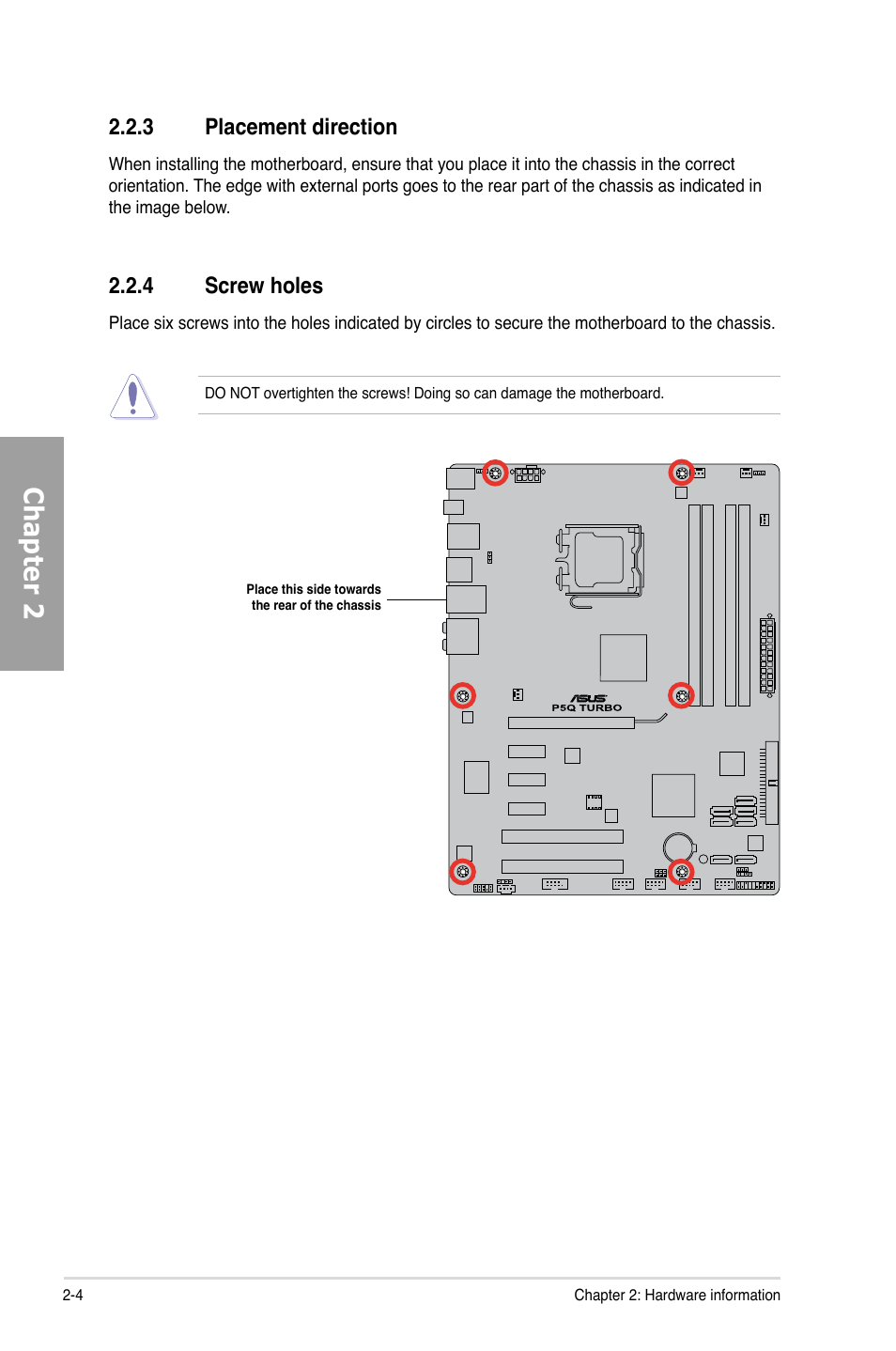 3 placement direction, 4 screw holes, Placement direction -4 | Screw holes -4, Chapter 2 | Asus P5Q TURBO User Manual | Page 22 / 114