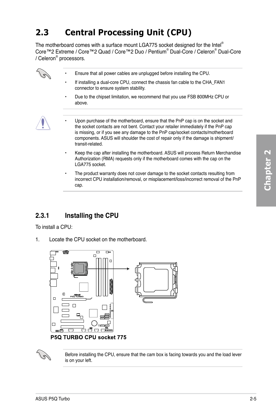 3 central processing unit (cpu), 1 installing the cpu, Central processing unit (cpu) -5 2.3.1 | Installing the cpu -5, Chapter 2 2.3 central processing unit (cpu) | Asus P5Q TURBO User Manual | Page 23 / 114