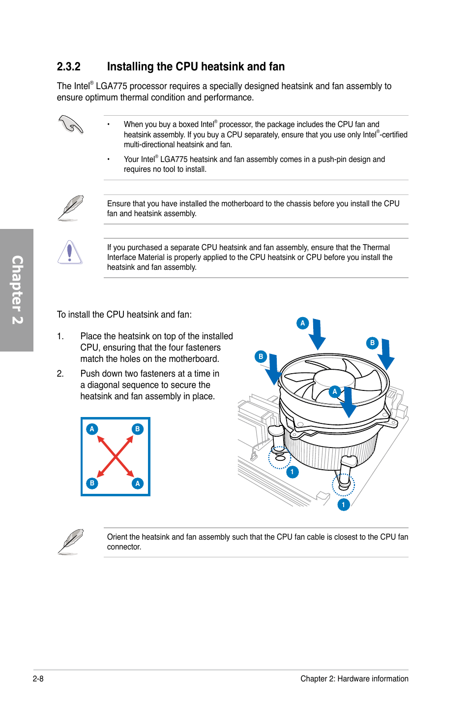 2 installing the cpu heatsink and fan, Installing the cpu heatsink and fan -8, Chapter 2 | Asus P5Q TURBO User Manual | Page 26 / 114