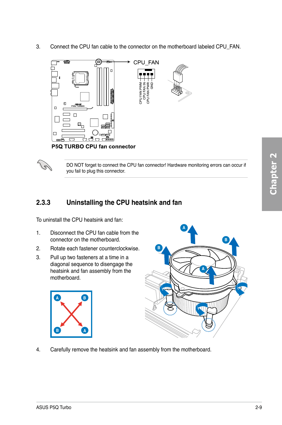 3 uninstalling the cpu heatsink and fan, Uninstalling the cpu heatsink and fan -9, Chapter 2 | Asus P5Q TURBO User Manual | Page 27 / 114