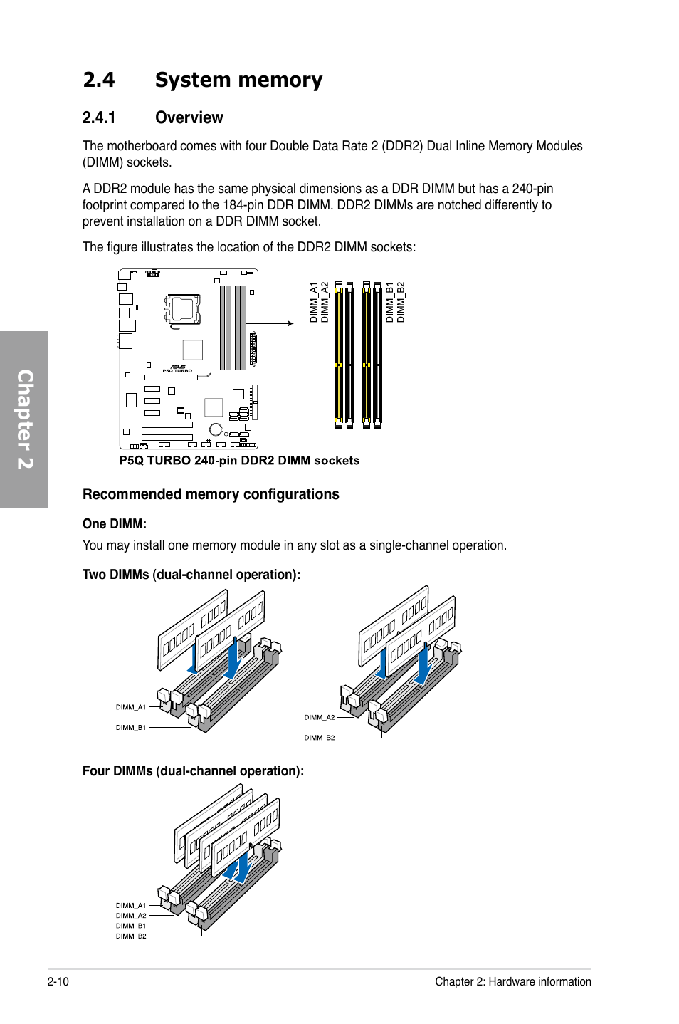 4 system memory, 1 overview, System memory -10 2.4.1 | Overview -10 | Asus P5Q TURBO User Manual | Page 28 / 114