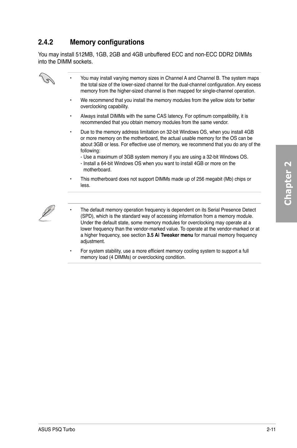 2 memory configurations, Memory configurations -11, Chapter 2 | Asus P5Q TURBO User Manual | Page 29 / 114