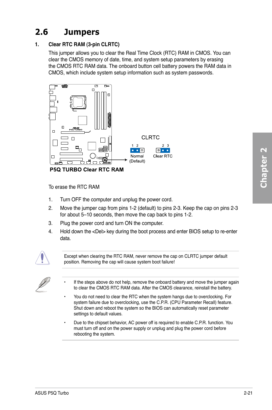 6 jumpers, Jumpers -21, Chapter 2 2.6 jumpers | Asus P5Q TURBO User Manual | Page 39 / 114