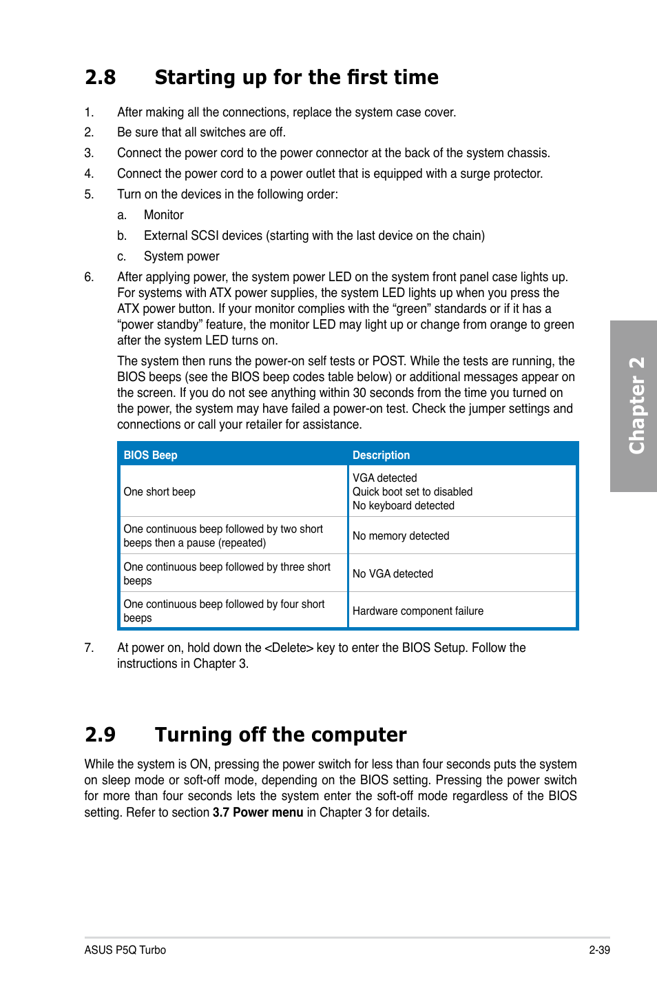 8 starting up for the first time, 9 turning off the computer, Starting up for the first time -39 | Turning off the computer -39, Chapter 2 2.8 starting up for the first time | Asus P5Q TURBO User Manual | Page 57 / 114