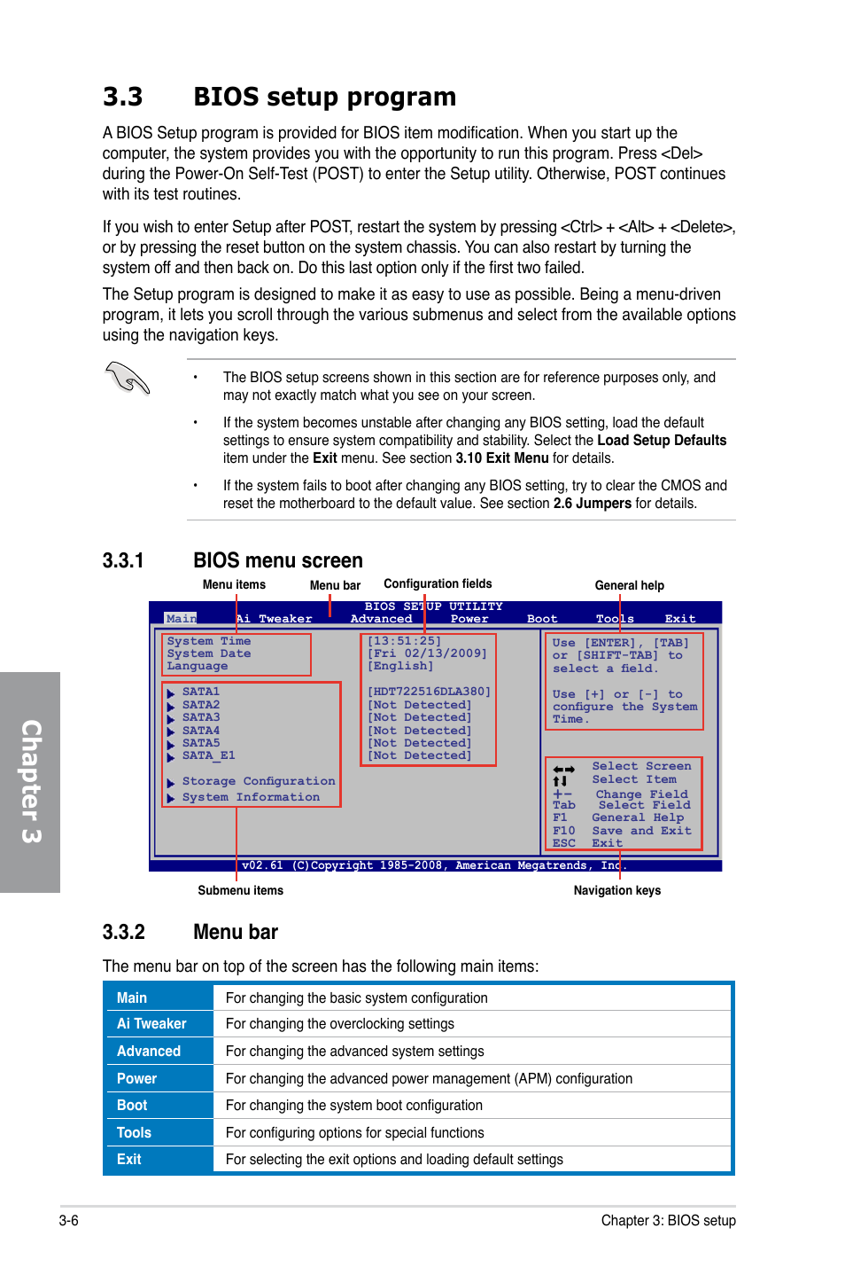 3 bios setup program, 1 bios menu screen, 2 menu bar | Bios setup program -6 3.3.1, Bios menu screen -6, Menu bar -6, Chapter 3 3.3 bios setup program | Asus P5Q TURBO User Manual | Page 64 / 114