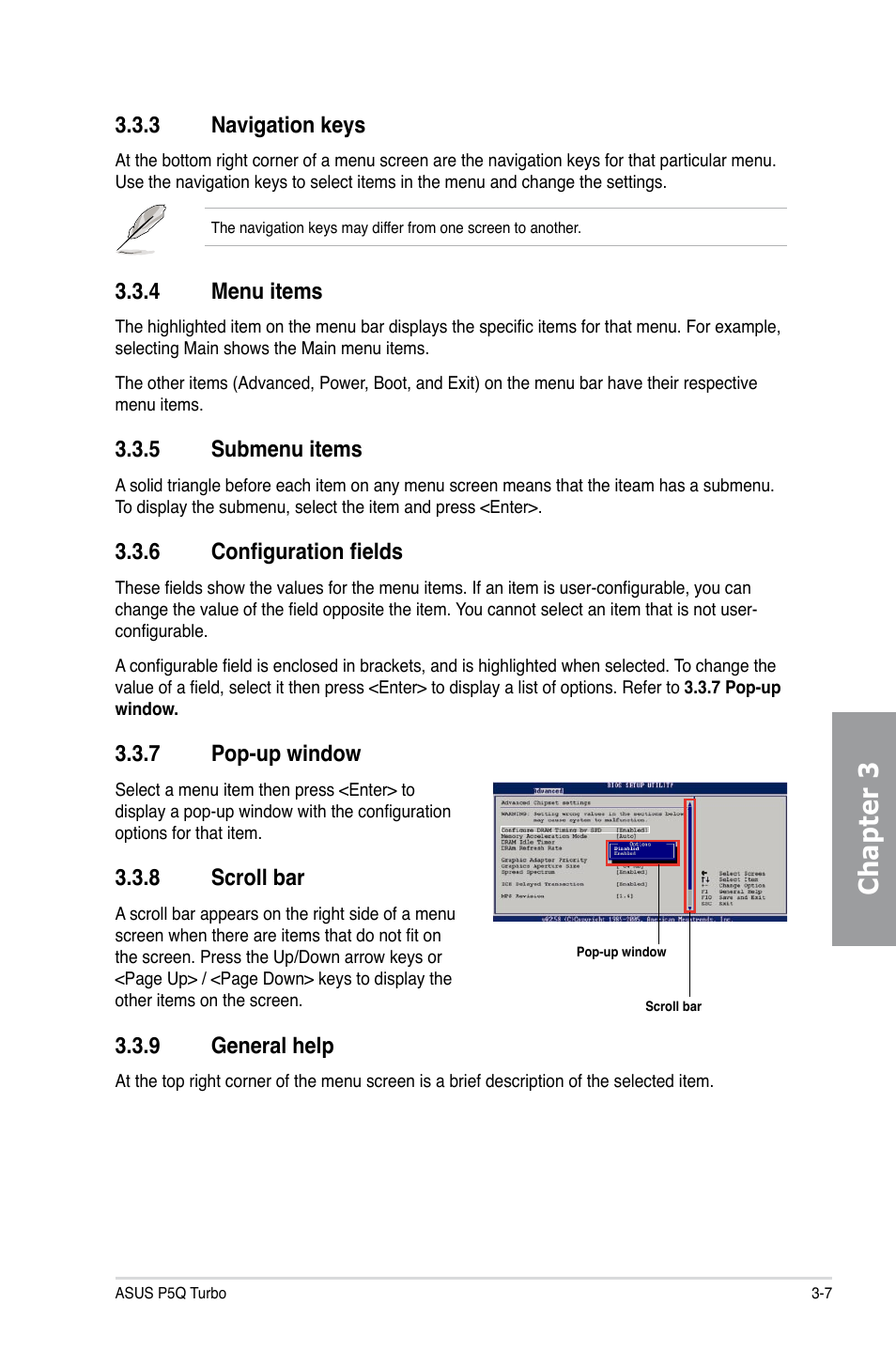 3 navigation keys, 4 menu items, 5 submenu items | 6 configuration fields, 7 pop-up window, 8 scroll bar, 9 general help, Navigation keys -7, Menu items -7, Submenu items -7 | Asus P5Q TURBO User Manual | Page 65 / 114