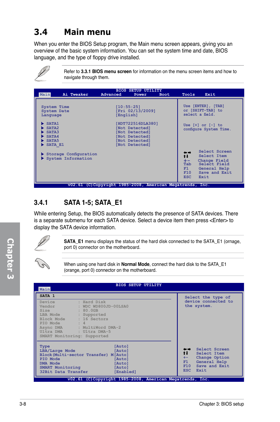 4 main menu, 1 sata 1-5; sata_e1, Main menu -8 3.4.1 | Sata 1-5; sata_e1 -8, Chapter 3 3.4 main menu | Asus P5Q TURBO User Manual | Page 66 / 114