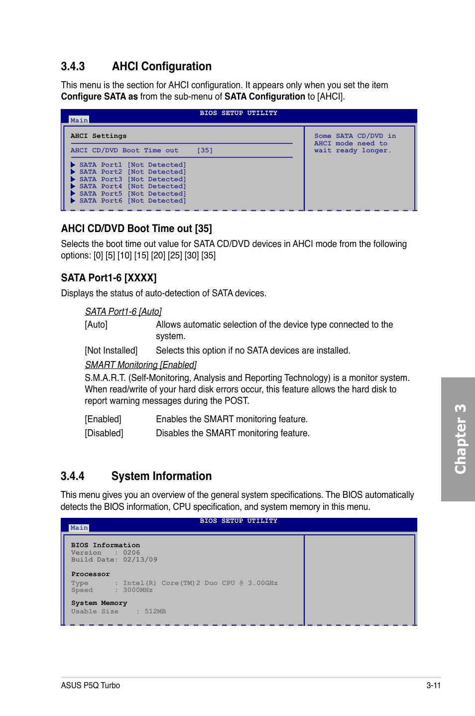 3 ahci configuration, 4 system information, Ahci configuration -11 | System information -11, Chapter 3, Ahci cd/dvd boot time out [35 | Asus P5Q TURBO User Manual | Page 69 / 114