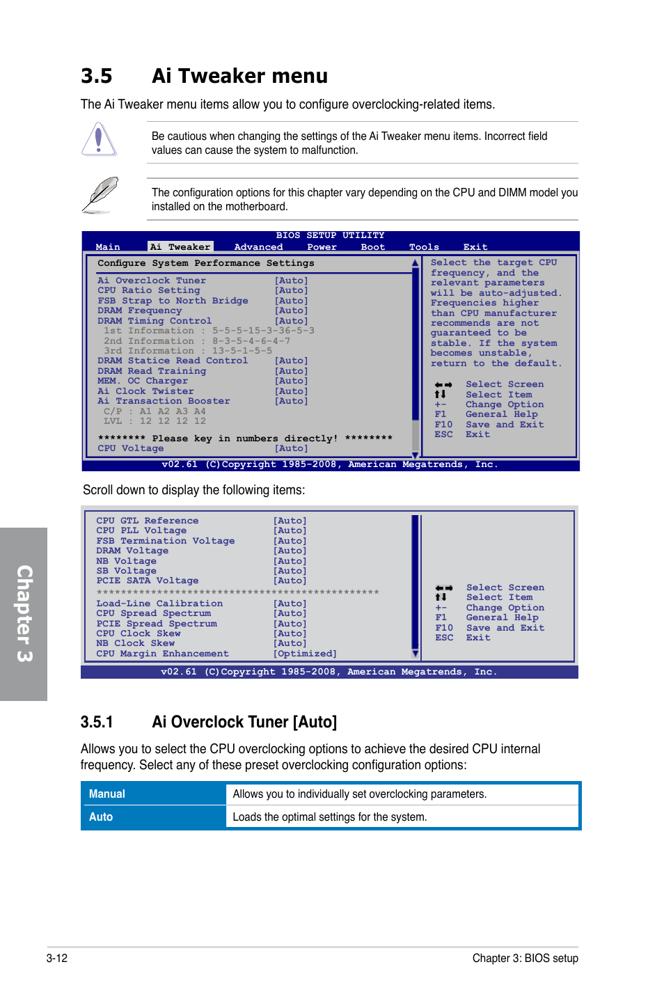 5 ai tweaker menu, 1 ai overclock tuner [auto, Ai tweaker menu -12 3.5.1 | Ai overclock tuner [auto] -12, Chapter 3 3.5 ai tweaker menu, Scroll down to display the following items | Asus P5Q TURBO User Manual | Page 70 / 114