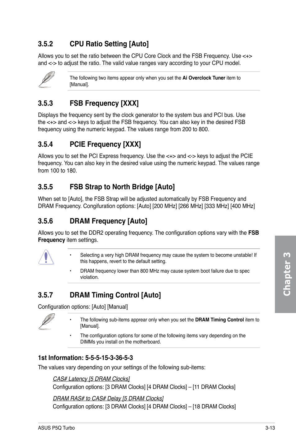 2 cpu ratio setting [auto, 3 fsb frequency [xxx, 4 pcie frequency [xxx | 5 fsb strap to north bridge [auto, 6 dram frequency [auto, 7 dram timing control [auto, Cpu ratio setting [auto] -13, Fsb frequency [xxx] -13, Pcie frequency [xxx] -13, Fsb strap to north bridge [auto] -13 | Asus P5Q TURBO User Manual | Page 71 / 114