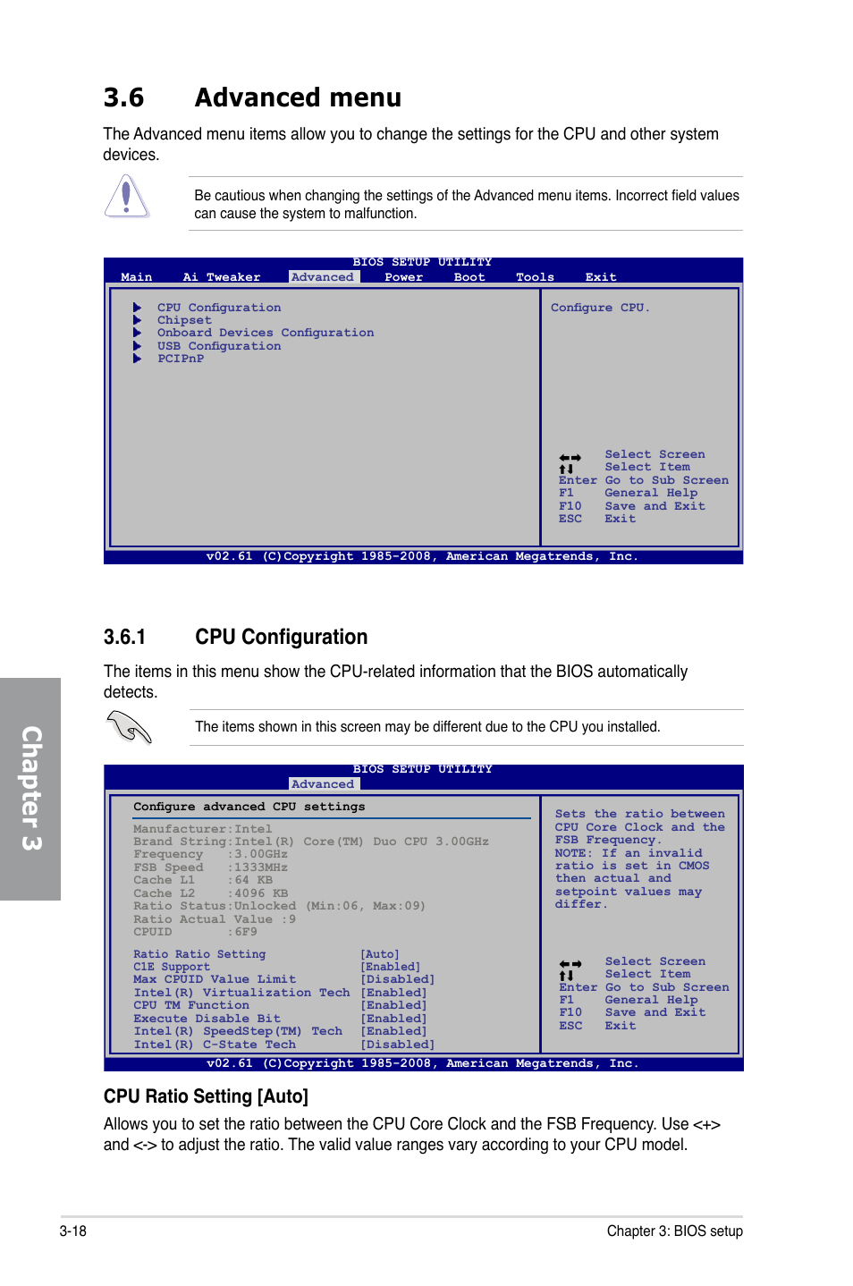 6 advanced menu, 1 cpu configuration, Advanced menu -18 3.6.1 | Cpu configuration -18, Chapter 3, Cpu ratio setting [auto | Asus P5Q TURBO User Manual | Page 76 / 114