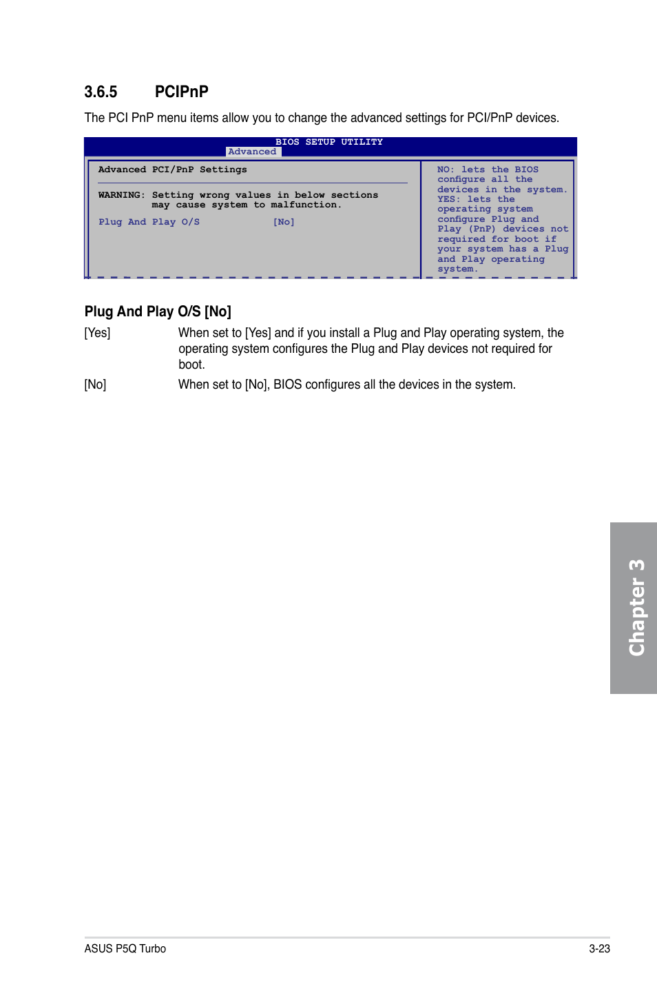 5 pcipnp, Pcipnp -23, Chapter 3 | Plug and play o/s [no | Asus P5Q TURBO User Manual | Page 81 / 114