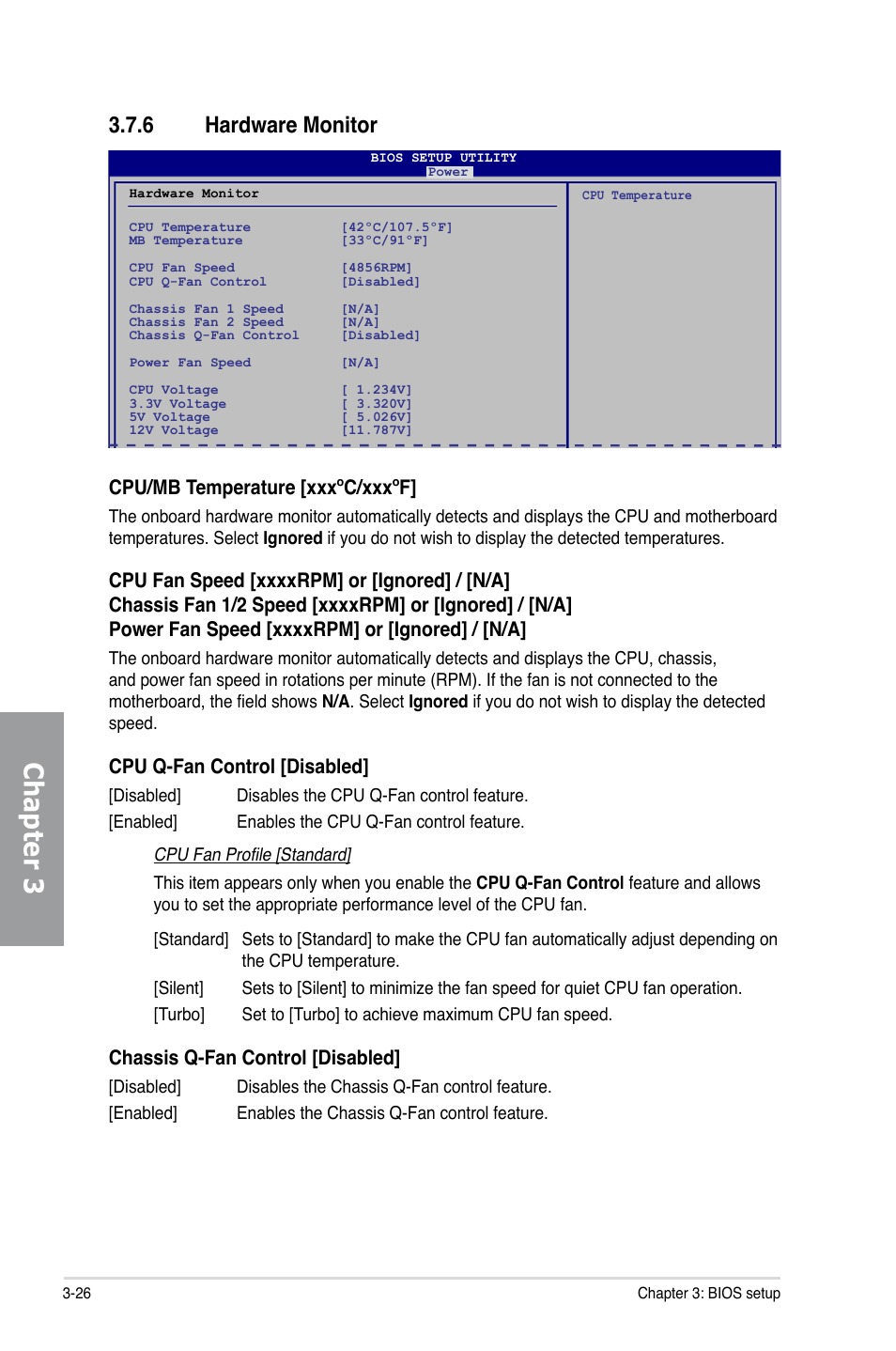 6 hardware monitor, Hardware monitor -26, Chapter 3 | Cpu/mb temperature [xxxºc/xxxºf, Cpu q-fan control [disabled, Chassis q-fan control [disabled | Asus P5Q TURBO User Manual | Page 84 / 114