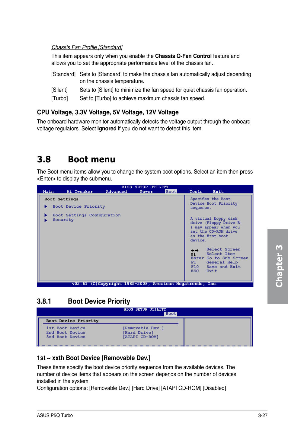 8 boot menu, 1 boot device priority, Boot menu -27 3.8.1 | Boot device priority -27, Chapter 3 3.8 boot menu, 1st ~ xxth boot device [removable dev | Asus P5Q TURBO User Manual | Page 85 / 114