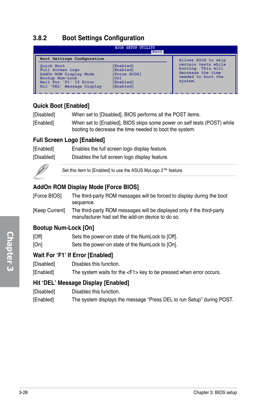 2 boot settings configuration, Boot settings configuration -28, Chapter 3 | Quick boot [enabled, Full screen logo [enabled, Addon rom display mode [force bios, Bootup num-lock [on, Wait for ‘f1’ if error [enabled, Hit ‘del’ message display [enabled | Asus P5Q TURBO User Manual | Page 86 / 114