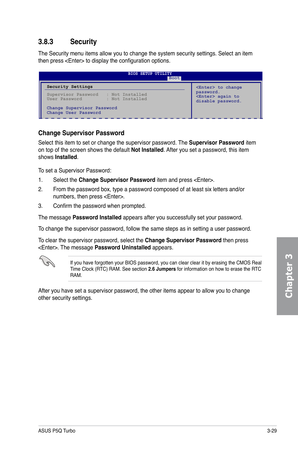 3 security, Security -29, Chapter 3 | Change supervisor password | Asus P5Q TURBO User Manual | Page 87 / 114