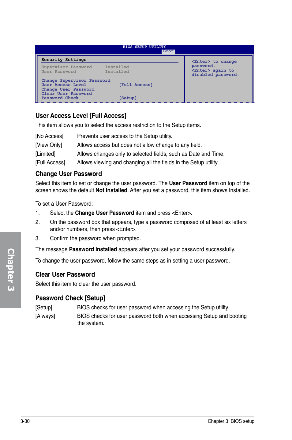 Chapter 3, User access level [full access, Change user password | Clear user password, Password check [setup | Asus P5Q TURBO User Manual | Page 88 / 114