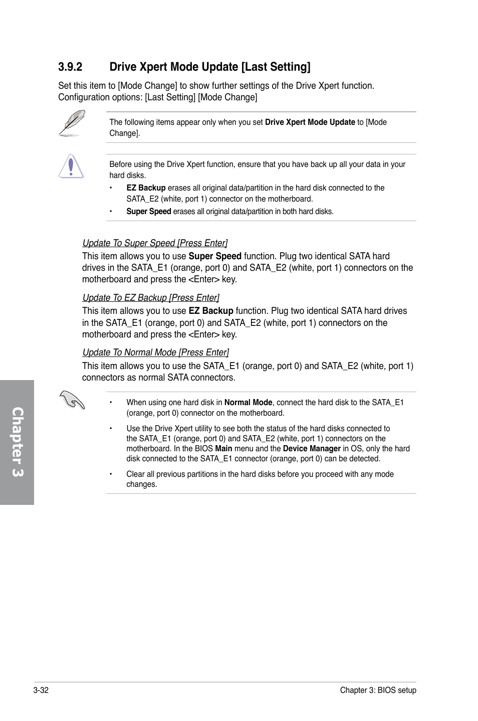 2 drive xpert mode update [last setting, Drive xpert mode update [last setting] -32, Chapter 3 | Asus P5Q TURBO User Manual | Page 90 / 114