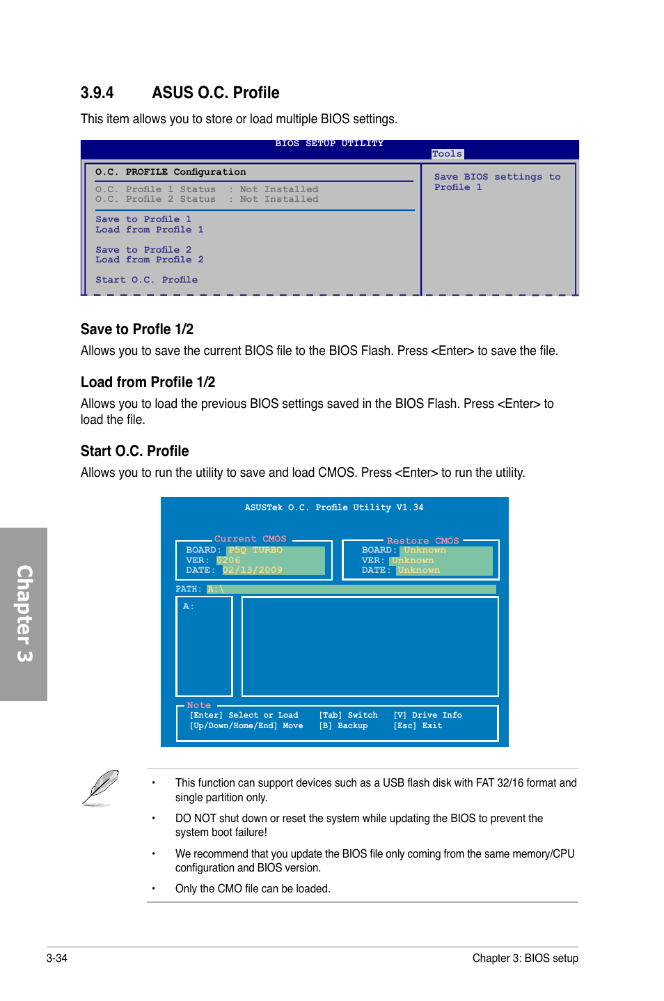 4 asus o.c. profile, Asus o.c. profile -34, Chapter 3 | Save to profle 1/2, Load from profile 1/2, Start o.c. profile | Asus P5Q TURBO User Manual | Page 92 / 114