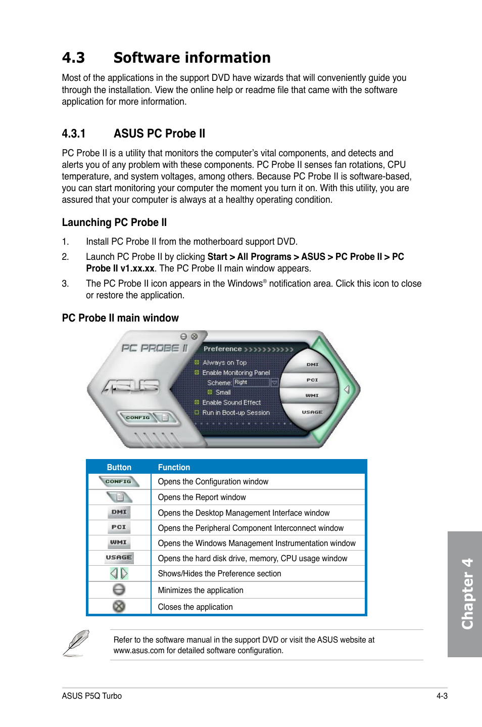 3 software information, 1 asus pc probe ii, Software information -3 4.3.1 | Asus pc probe ii -3, Chapter 4 4.3 software information | Asus P5Q TURBO User Manual | Page 97 / 114