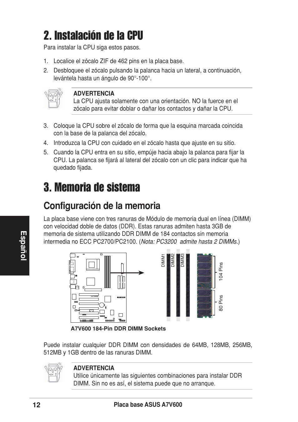 Instalación de la cpu, Espa ñ ol | Asus A7V600 User Manual | Page 12 / 16