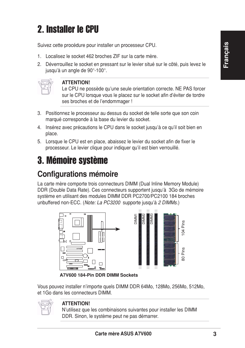 Mémoire système, Installer le cpu, Configurations mémoire | Fran ç ais | Asus A7V600 User Manual | Page 3 / 16