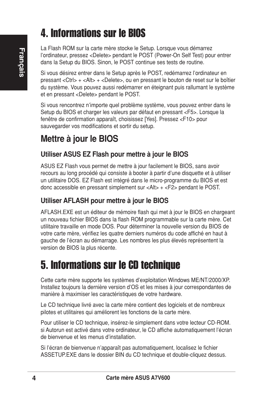 Informations sur le bios, Informations sur le cd technique, Mettre à jour le bios | Asus A7V600 User Manual | Page 4 / 16