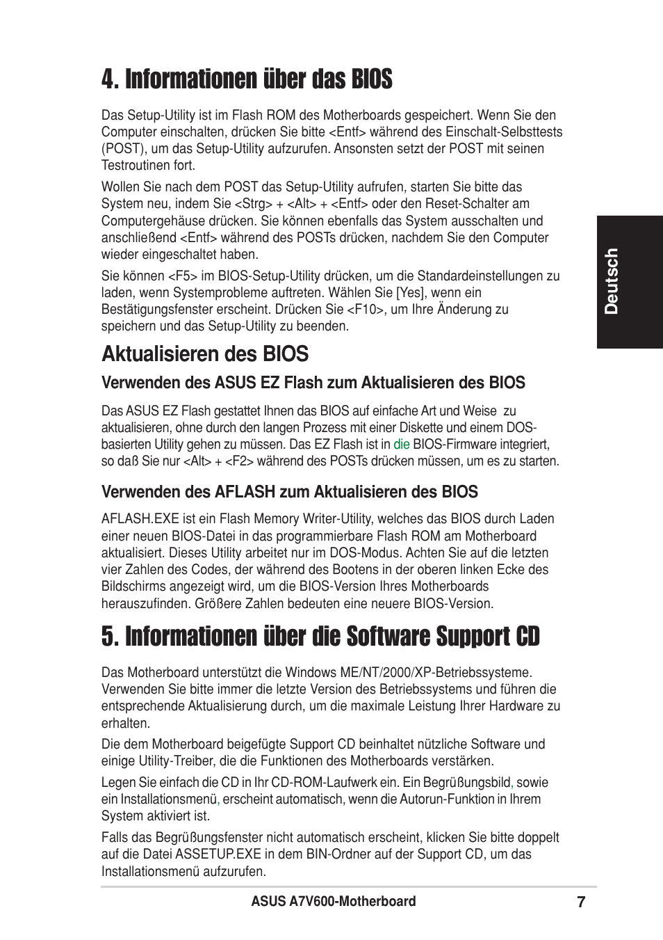 Informationen über das bios, Informationen über die software support cd, Aktualisieren des bios | Asus A7V600 User Manual | Page 7 / 16