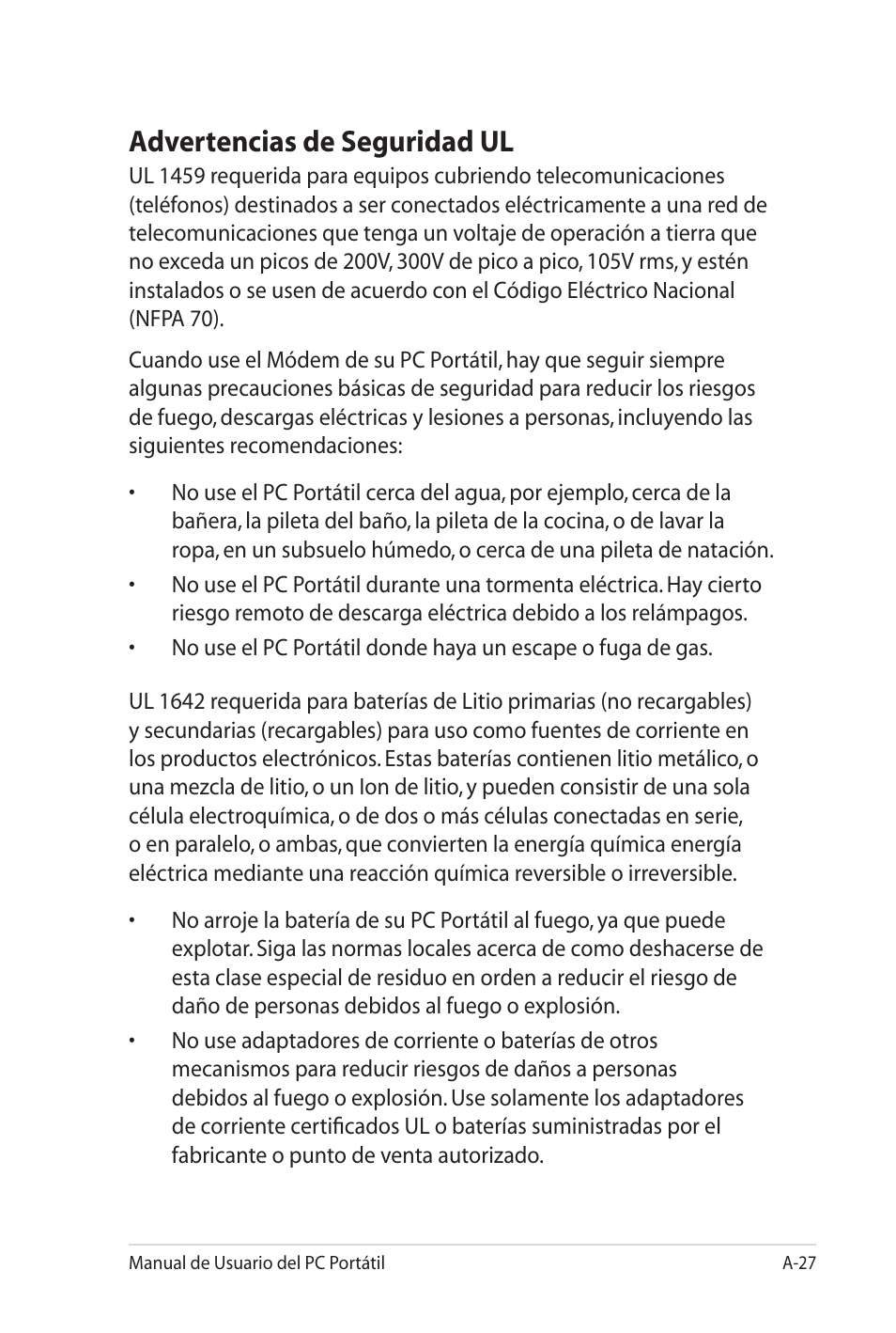 Advertencias de seguridad ul | Asus X5MTK User Manual | Page 101 / 114
