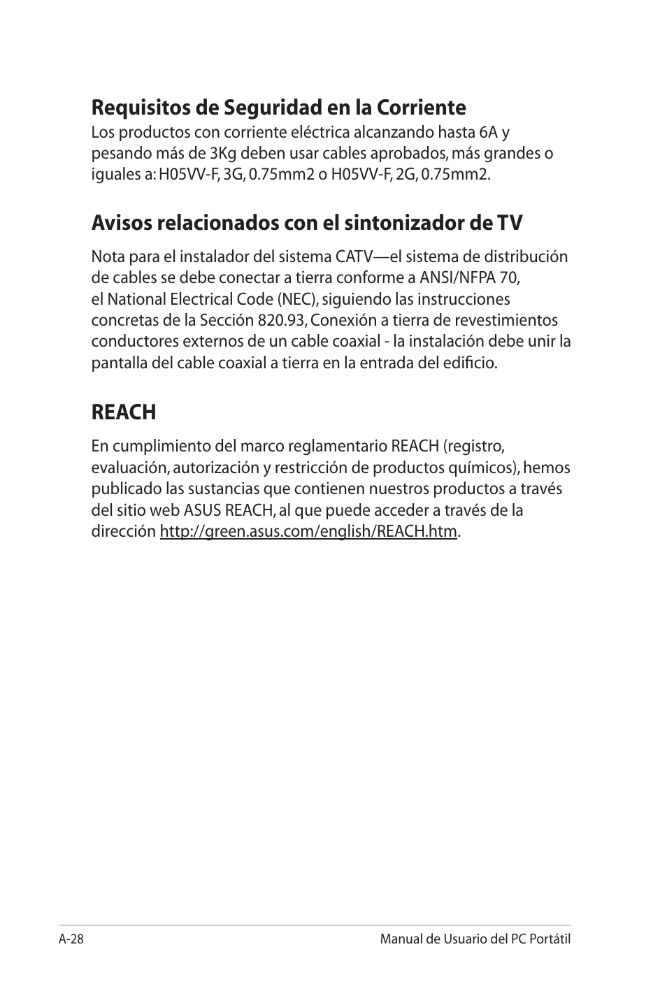 Requisitos de seguridad en la corriente, Avisos relacionados con el sintonizador de tv, Reach | Asus X5MTK User Manual | Page 102 / 114