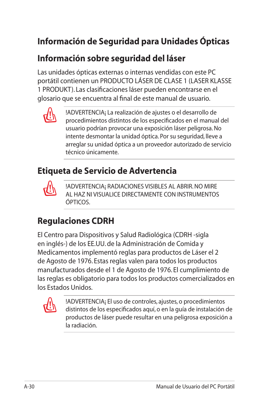 Información de seguridad para unidades ópticas, Información sobre seguridad del láser, Etiqueta de servicio de advertencia | Regulaciones cdrh | Asus X5MTK User Manual | Page 104 / 114