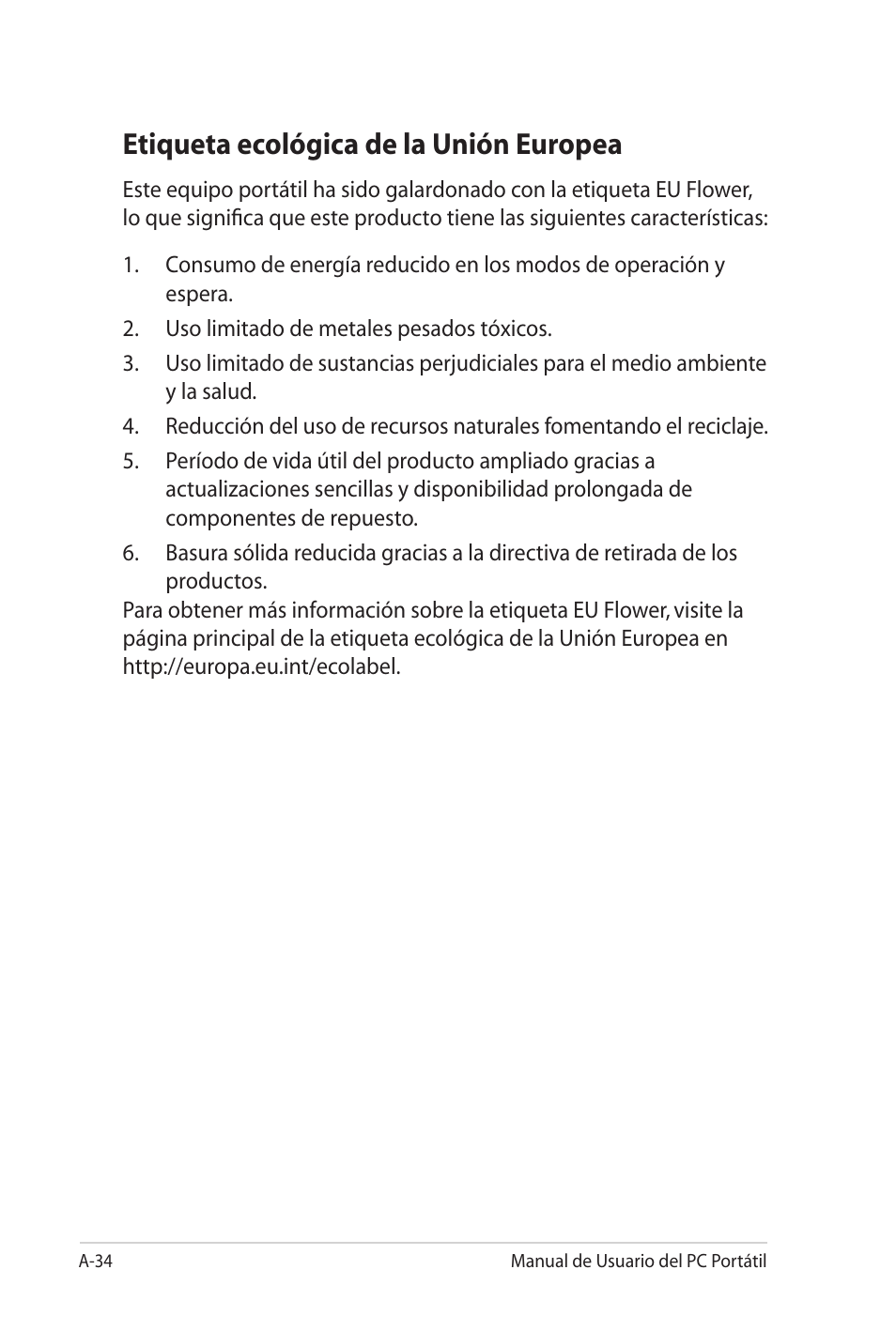 Etiqueta ecológica de la unión europea | Asus X5MTK User Manual | Page 108 / 114