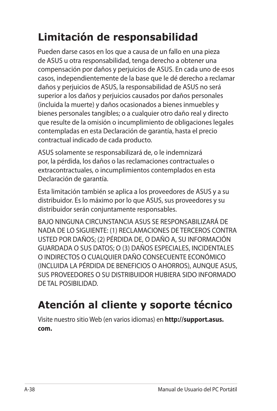 Limitación de responsabilidad, Atención al cliente y soporte técnico | Asus X5MTK User Manual | Page 112 / 114
