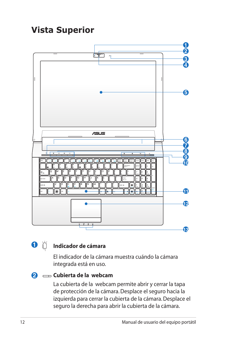 Vista superior, 12 manual de usuario del equipo portátil | Asus X5MTK User Manual | Page 12 / 114
