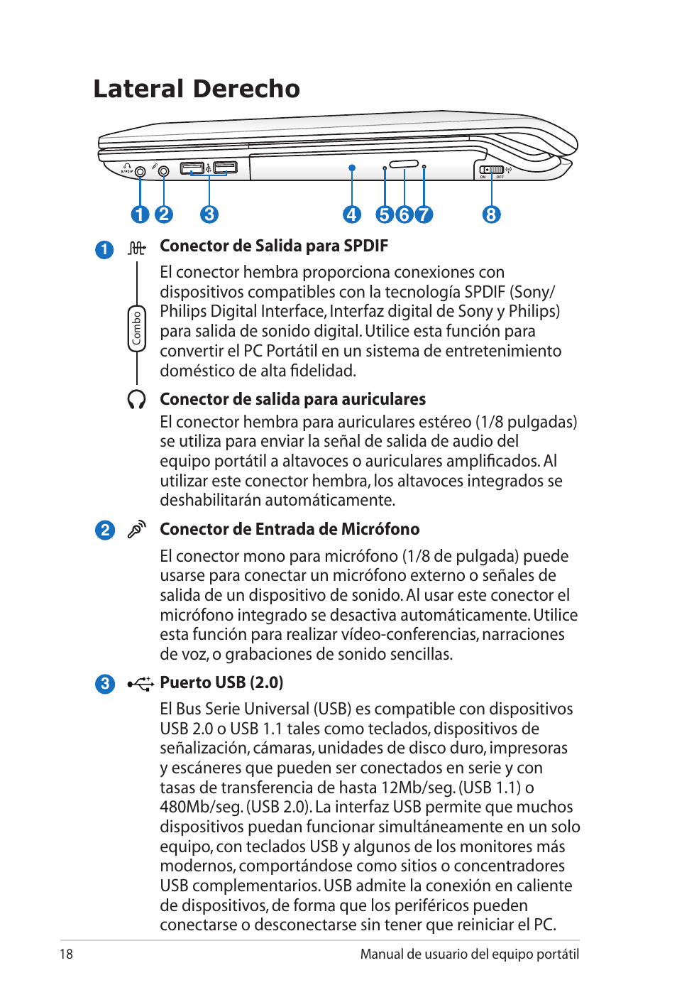 Lateral derecho | Asus X5MTK User Manual | Page 18 / 114