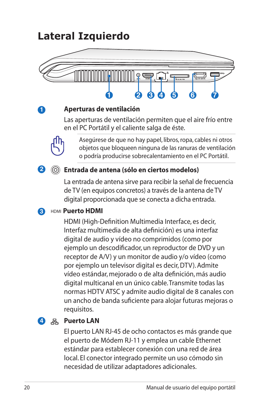 Lateral izquierdo | Asus X5MTK User Manual | Page 20 / 114