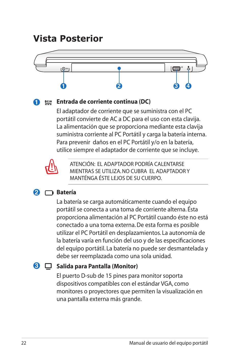 Vista posterior | Asus X5MTK User Manual | Page 22 / 114