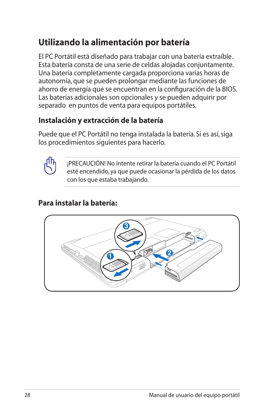 Utilizando la alimentación por batería | Asus X5MTK User Manual | Page 28 / 114