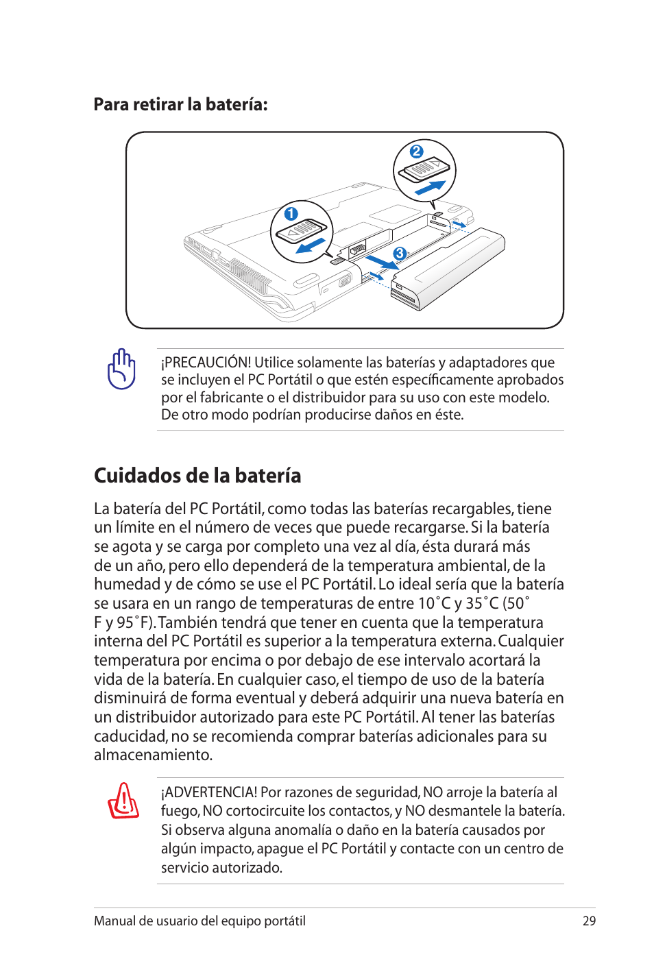 Cuidados de la batería, Para retirar la batería | Asus X5MTK User Manual | Page 29 / 114