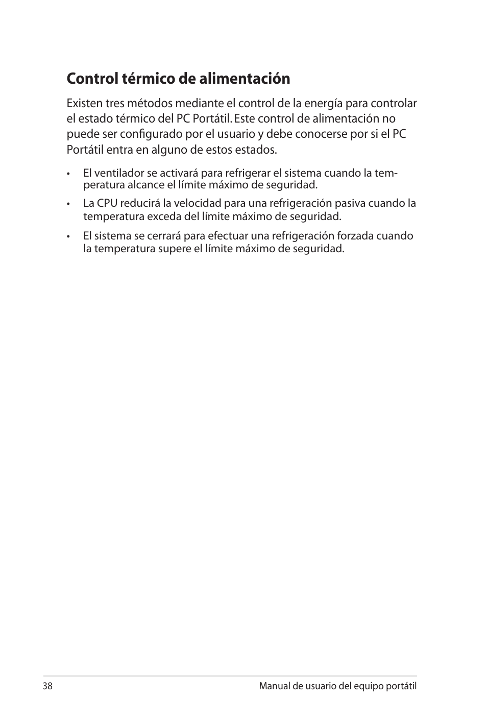 Control térmico de alimentación | Asus X5MTK User Manual | Page 38 / 114
