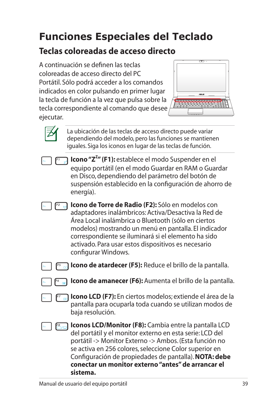 Funciones especiales del teclado, Teclas coloreadas de acceso directo | Asus X5MTK User Manual | Page 39 / 114