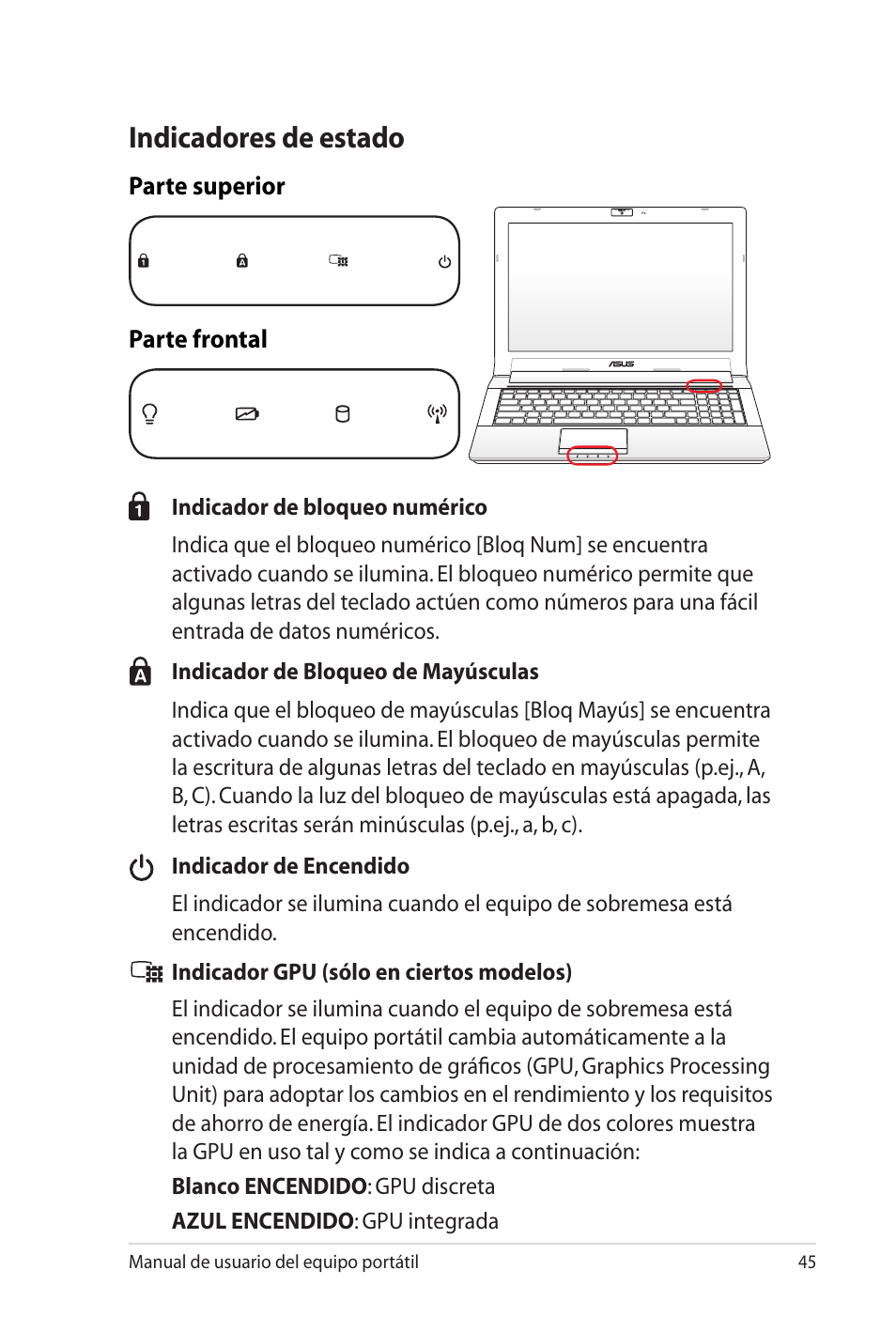 Indicadores de estado | Asus X5MTK User Manual | Page 45 / 114