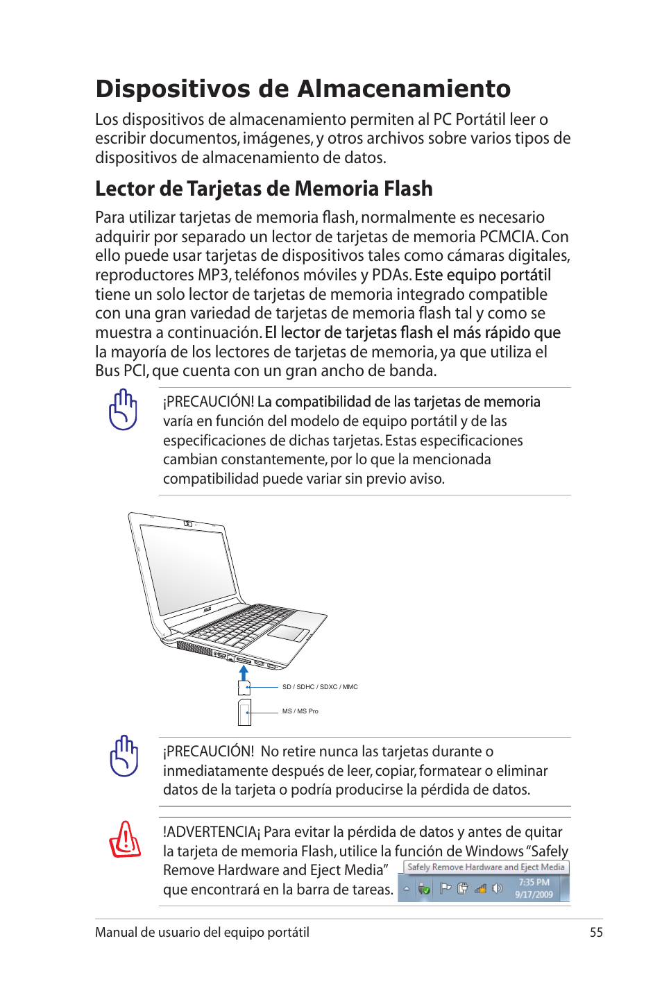 Dispositivos de almacenamiento, Lector de tarjetas de memoria flash | Asus X5MTK User Manual | Page 55 / 114