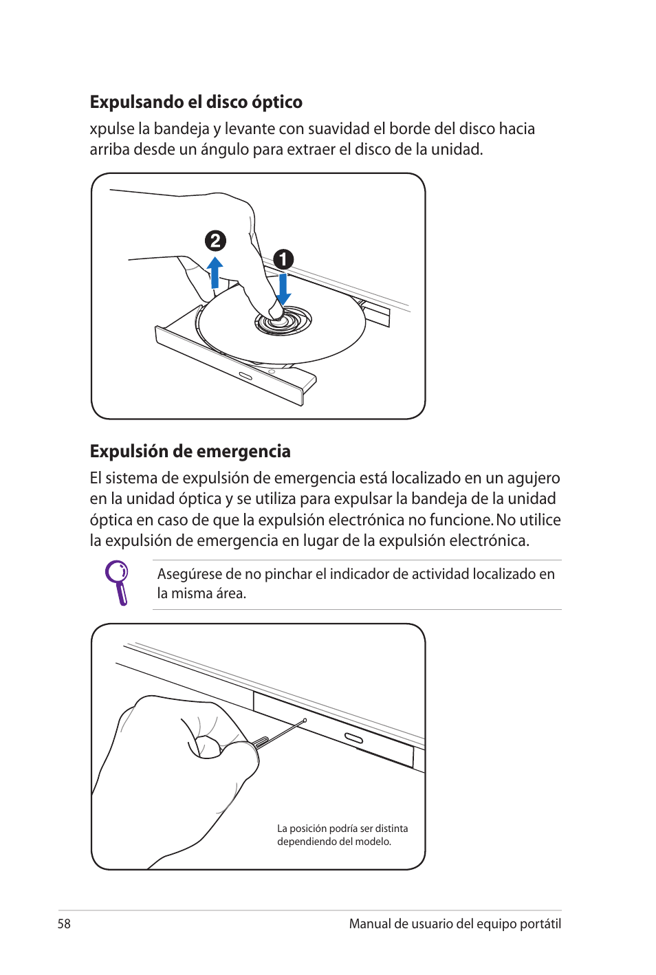 Expulsión de emergencia, Expulsando el disco óptico | Asus X5MTK User Manual | Page 58 / 114