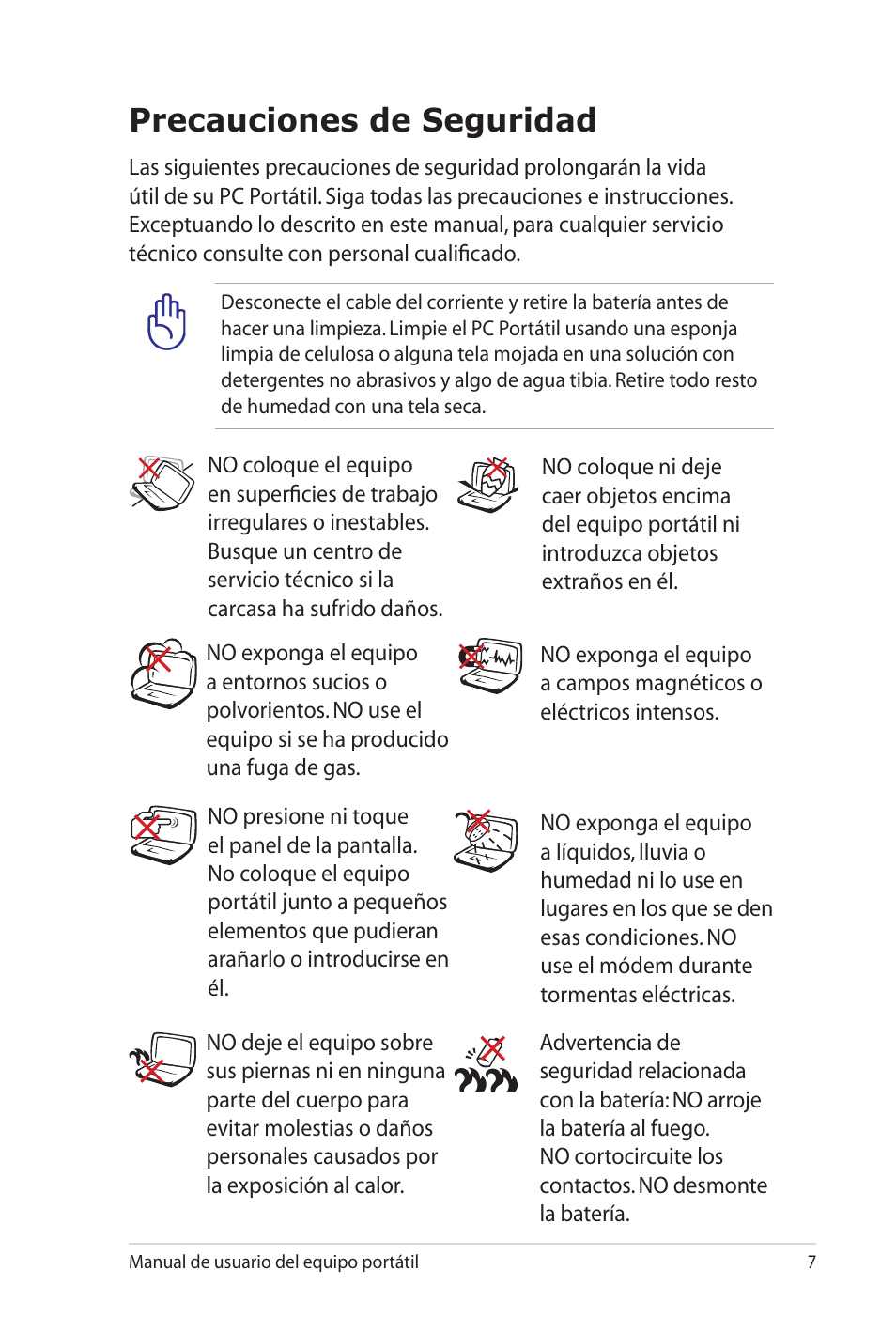 Precauciones de seguridad | Asus X5MTK User Manual | Page 7 / 114