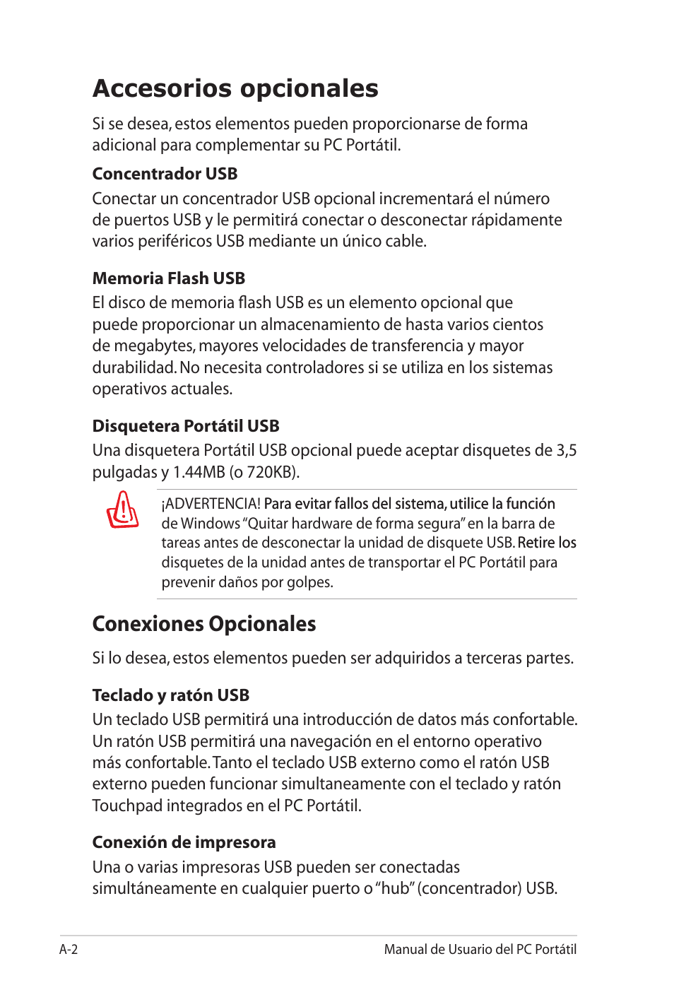 Accesorios opcionales, Conexiones opcionales | Asus X5MTK User Manual | Page 76 / 114