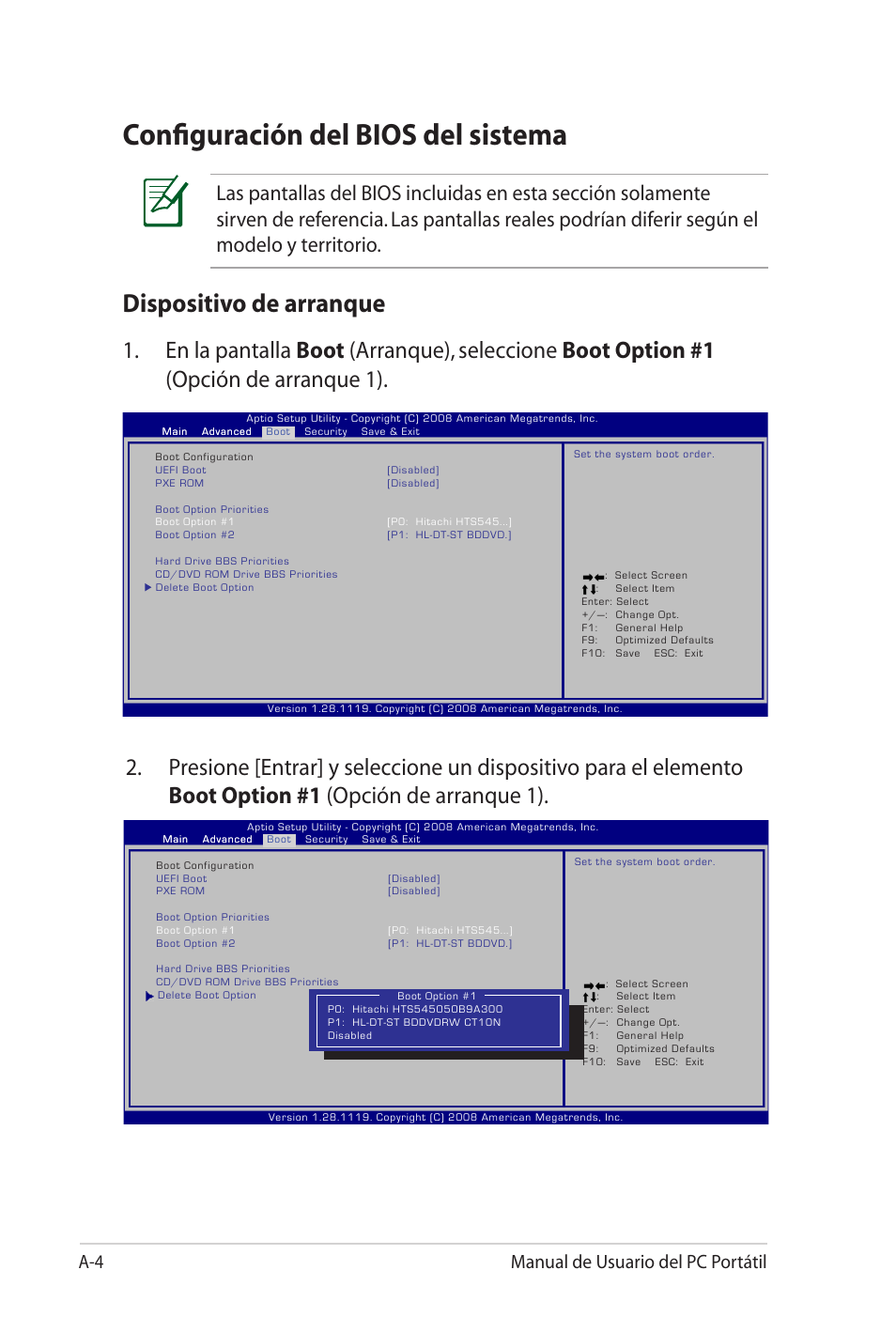 Configuración del bios del sistema, Dispositivo de arranque, A-4 manual de usuario del pc portátil | Asus X5MTK User Manual | Page 78 / 114